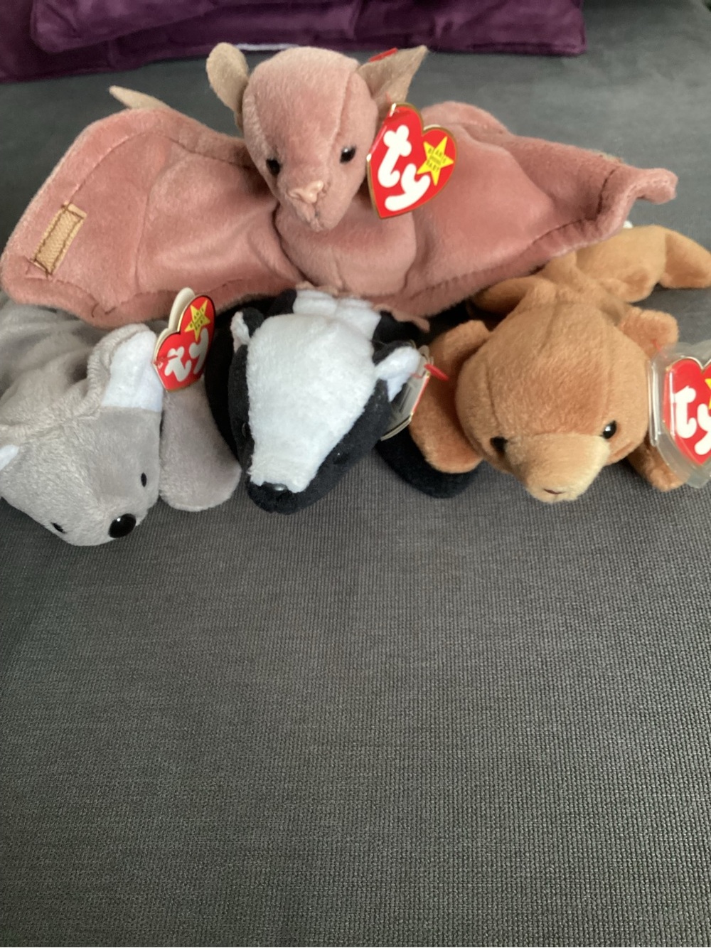 Four 4 Ty Original Beanie Babies With Tags Cubbie, Batty, Stinky, Mel